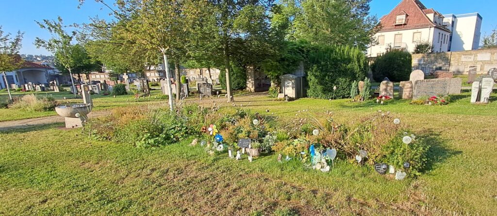 Friedhof im Sonnenschein mit Gräbern von Sternenkindern